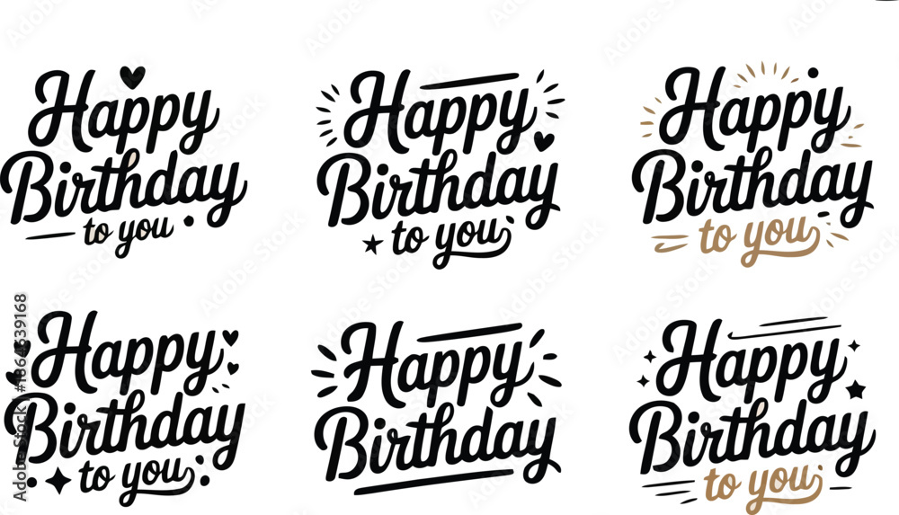 Fototapeta premium Six elegant Happy Birthday to you handwritten lettering designs featuring various subtle decorative elements