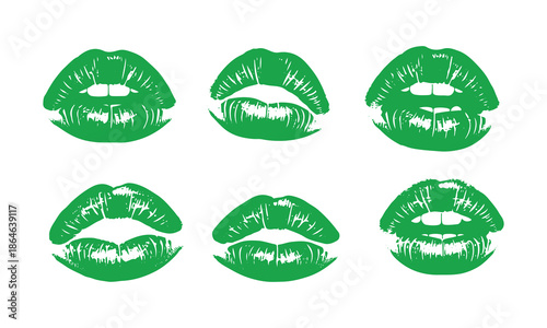 Set of lipstick kiss prints for Valentine's Day and love-themed illustrations. A collection of lip marks featuring a grunge effect. Vector art.
