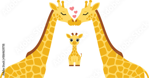 Tender giraffe parents embracing their wide eyed baby, surrounded by red hearts symbolizing deep family connection