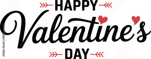 Stylized Happy Valentines Day message with romantic hearts and decorative cupid arrows