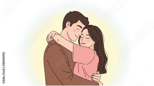 An illustration of a happy couple embracing affectionately, with their eyes closed in contentment against a bright, gentle background.
