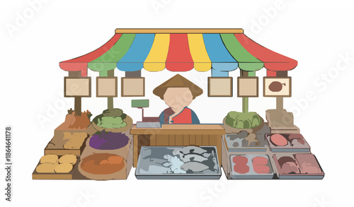 Cute street food vendor booth vector illustration with local market stall and friendly merchant characters