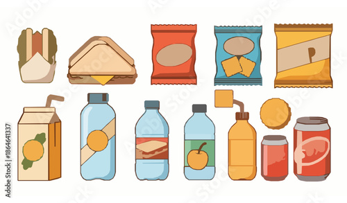 Cartoon vending machine snacks vector set with sandwiches chips candy and drinks