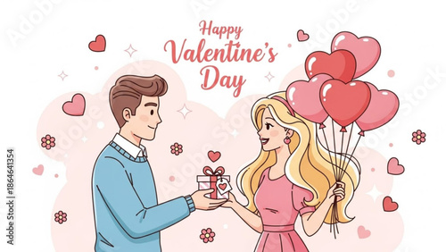 A charming cartoon illustration depicting a man presenting a gift to a woman holding a bouquet of heart-shaped balloons.