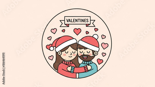A cute cartoon couple wearing Santa hats and sweaters hugs tightly, surrounded by small hearts.