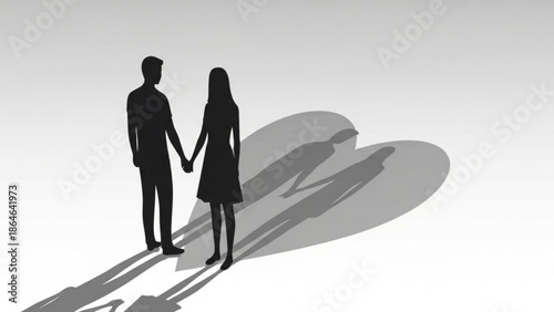 A romantic silhouette of a couple holding hands, casting a prominent heart-shaped shadow on a light background.