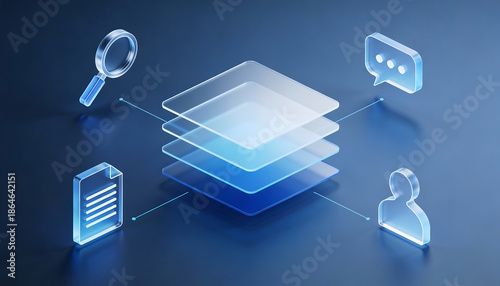 3D digital illustration of a transparent layered data stack representing explainable artificial intelligence connected to magnifying glass search chat bubble document and user profile icons