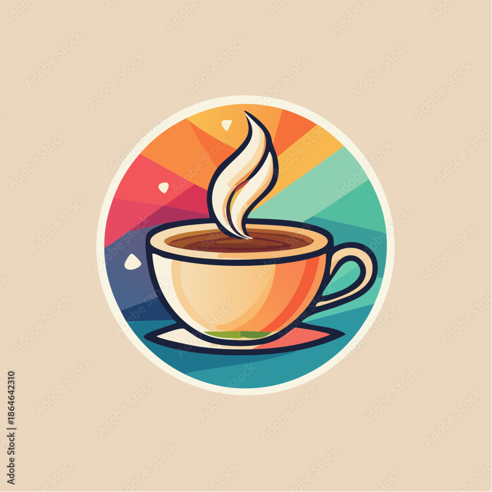 Obraz premium A colorful cartoon illustration of a steaming cup of coffee on a saucer, set against a vibrant, segmented circular background.