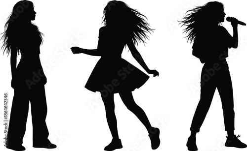 Female silhouette set, expressive poses, long hair, casual stance, dancing figure, singing scene, vector art, contrast, movement, individuality