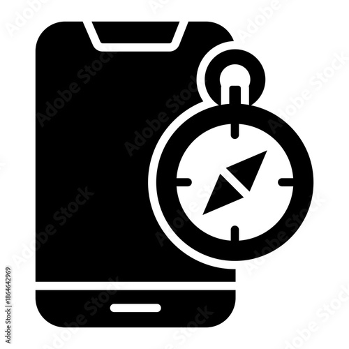 Mobile phone glyph icon with compass representing digital navigation and location guidance