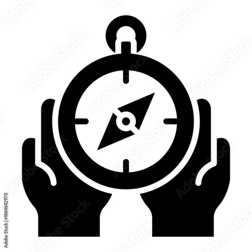 Hands holding compass glyph icon representing careful navigation, guidance, and decision support