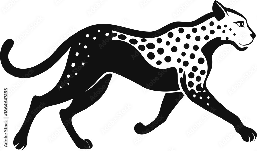 Fototapeta premium Silhouette of a cheetah in full sprint, showing intense motion, white background.