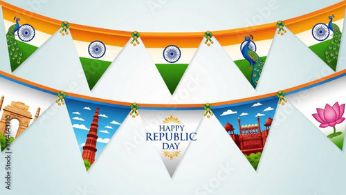 Indian republic day celebration banner with tricolor flags and cultural symbols with Indian flag and Patriotic and National holiday and Peacock
