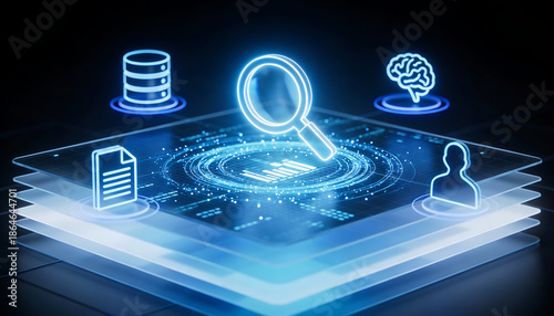 cinematic digital illustration of a glowing magnifying glass on a futuristic data platform with icons for artificial intelligence brain database documents and user profile