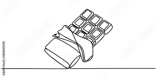 A minimalist continuous one line drawing of a chocolate bar with wrapping vector, A detailed line drawing of a chocolate bar with eight individual squares, presented in an isometric view with ties