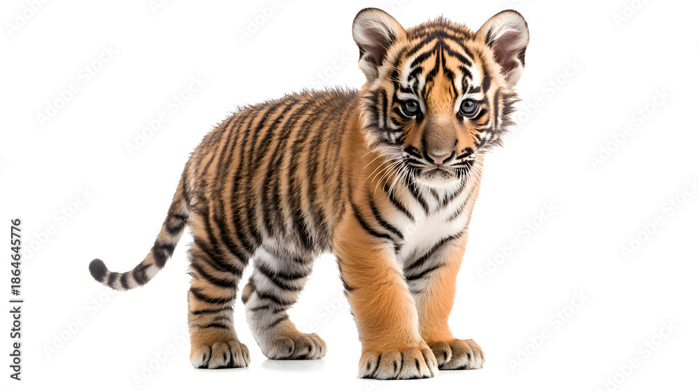 Fototapeta premium Young Tiger Cub Standing on White Background with Striped Fur and Alert Expression in Natural Lighting