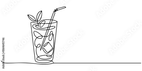 Glass of cocktail in continuous one line drawing. Mojito and beverage bar in simple linear style. one line Icon drawing, Isolated a Glass of cocktails in continuous one line drawing. Margarita toast
