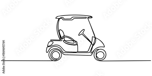 Continuous line golf car art. Single line golf cart concept. Line art, outline, banner in minimalism style. Vector illustration, Golf cart continuous line. Continuous one line drawing golf cart. Golf