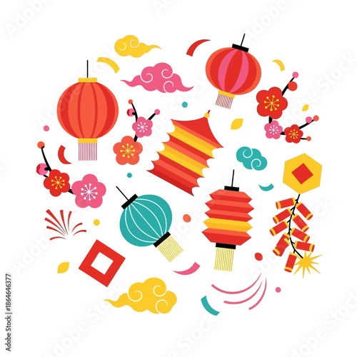 Vibrant lanterns and festive decorations illuminate a lively cultural celebration scene with flowers and fireworks.