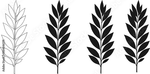 Set of four leafy branch vectors including one thin line art version and three solid black silhouette variations.