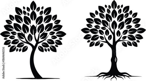 Two black tree silhouettes featuring a curved trunk version and a straight trunk version with visible roots and leaves