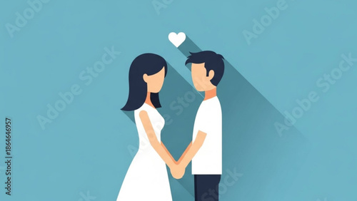 A minimalist flat design illustration portrays a faceless couple holding hands, casting a long shadow under a white heart on a blue background.