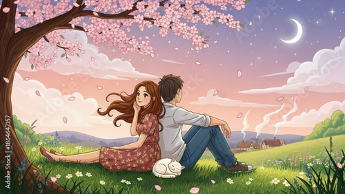 A romantic cartoon couple sits back-to-back under a beautiful cherry blossom tree with a white cat on a serene evening.