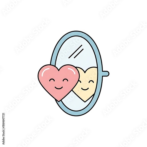 Two smiling faces one heart shaped and one oval in a mirror reflection smile