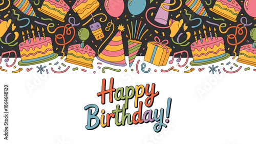 A cheerful Happy Birthday banner with cakes, balloons, gifts, and hats on a dark background