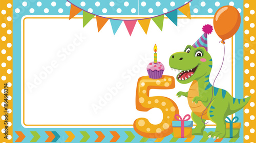 A cute green cartoon dinosaur celebrates a fifth birthday party with a cupcake and orange balloon