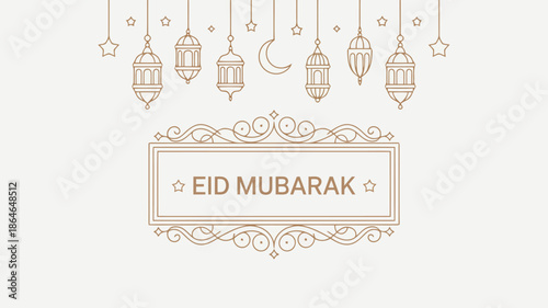 A delicate line art illustration conveys an Eid Mubarak greeting with hanging lanterns, stars, and a crescent moon