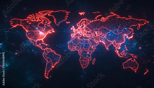 Glowing Red World Map with Digital Network Connections on Dark Background. Global Connectivity, Cybersecurity Risks, International Business, and Worldwide Telecommunication Concept.