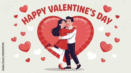 A joyful diverse couple shares a loving hug amidst many hearts and Happy Valentines Day words