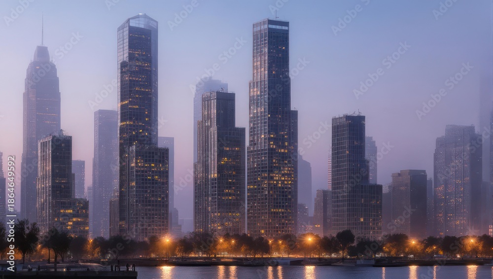 Obraz premium A cityscape at dusk, with skyscrapers and a body of water under a purple sky