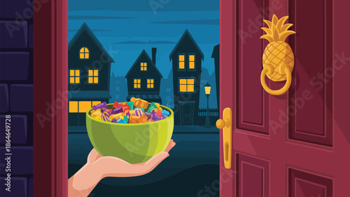 A persons hand offers a bowl full of colorful candies at a front door on a dark evening