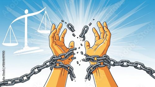 Hands Breaking Free from Chains with Scales of Justice, Freedom Concept Illustration