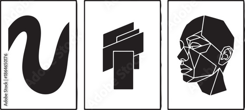 Geometric shapes forming a human face in black and white