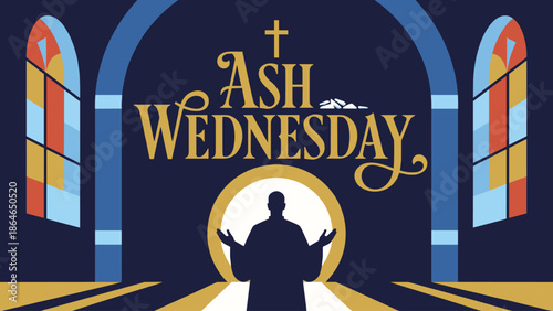 Ash Wednesday Church Service with Priest Silhouette and Stained Glass
