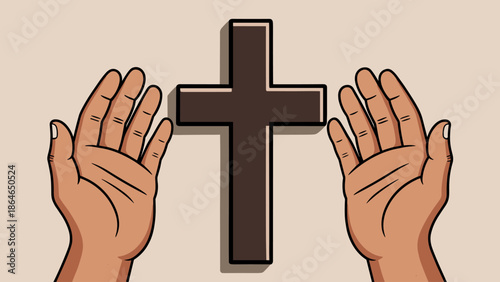Hands Raised in Devotion Towards a Christian Cross Illustration