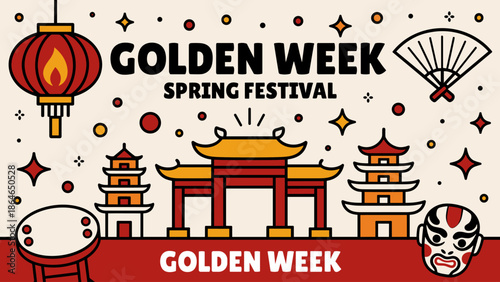 Vibrant Golden Week Spring Festival Banner with East Asian Icons