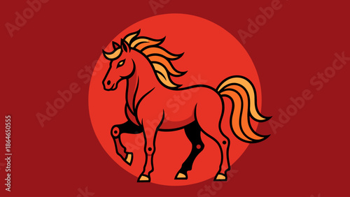 Dynamic Stylized Red Horse with Flaming Mane in Circular Emblem