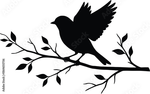 Bird taking flight from tree branch in elegant silhouette
