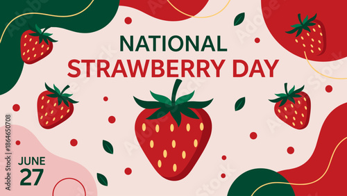 Colorful National Strawberry Day Banner Design with Fresh Berry Graphics