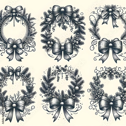Christmas decoration frames with fir tree branches and bow with ribbons in vintage doodle style for poster, placards and party invitations. New Year celebration border or cover designs for greetings