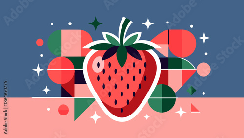 Stylized Geometric Strawberry Illustration with Abstract Shapes and Vibrant Colors