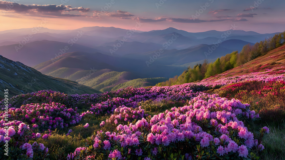 Fototapeta premium Mountain Slope Covered in Pink Rhododendrons at Dusk