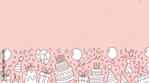 Charming doodle outline birthday elements including cakes balloons and confetti on a soft pink surface