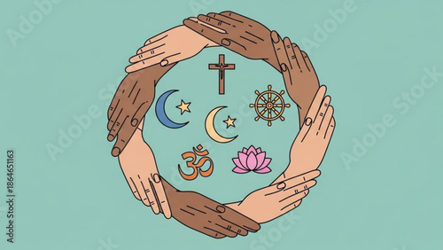 Hands Holding World Religions Symbols in Unity Circle