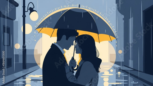A silhouetted couple shares a warm embrace under a large umbrella in a softly lit, rainy city street at twilight, creating a romantic atmosphere.