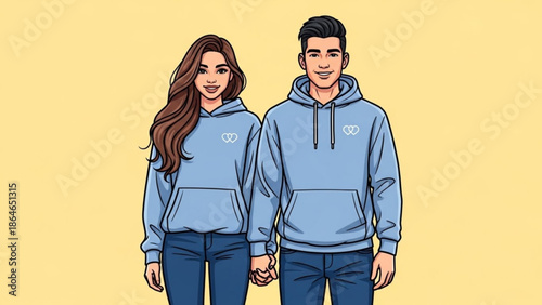 A modern, diverse cartoon couple stands hand-in-hand, both smiling cheerfully and wearing matching light blue hooded sweatshirts and jeans.